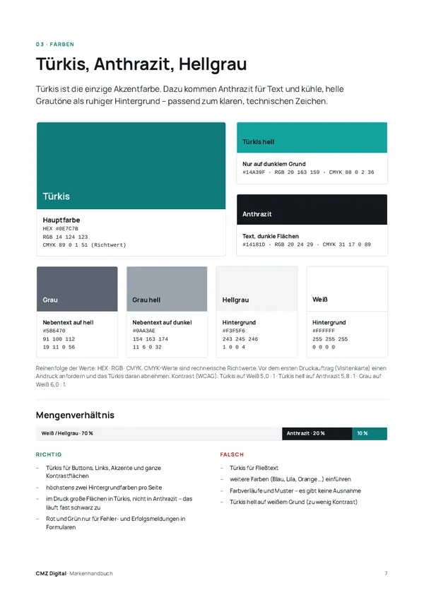 Farbseite des Markenhandbuchs mit Türkis, Anthrazit und Hellgrau